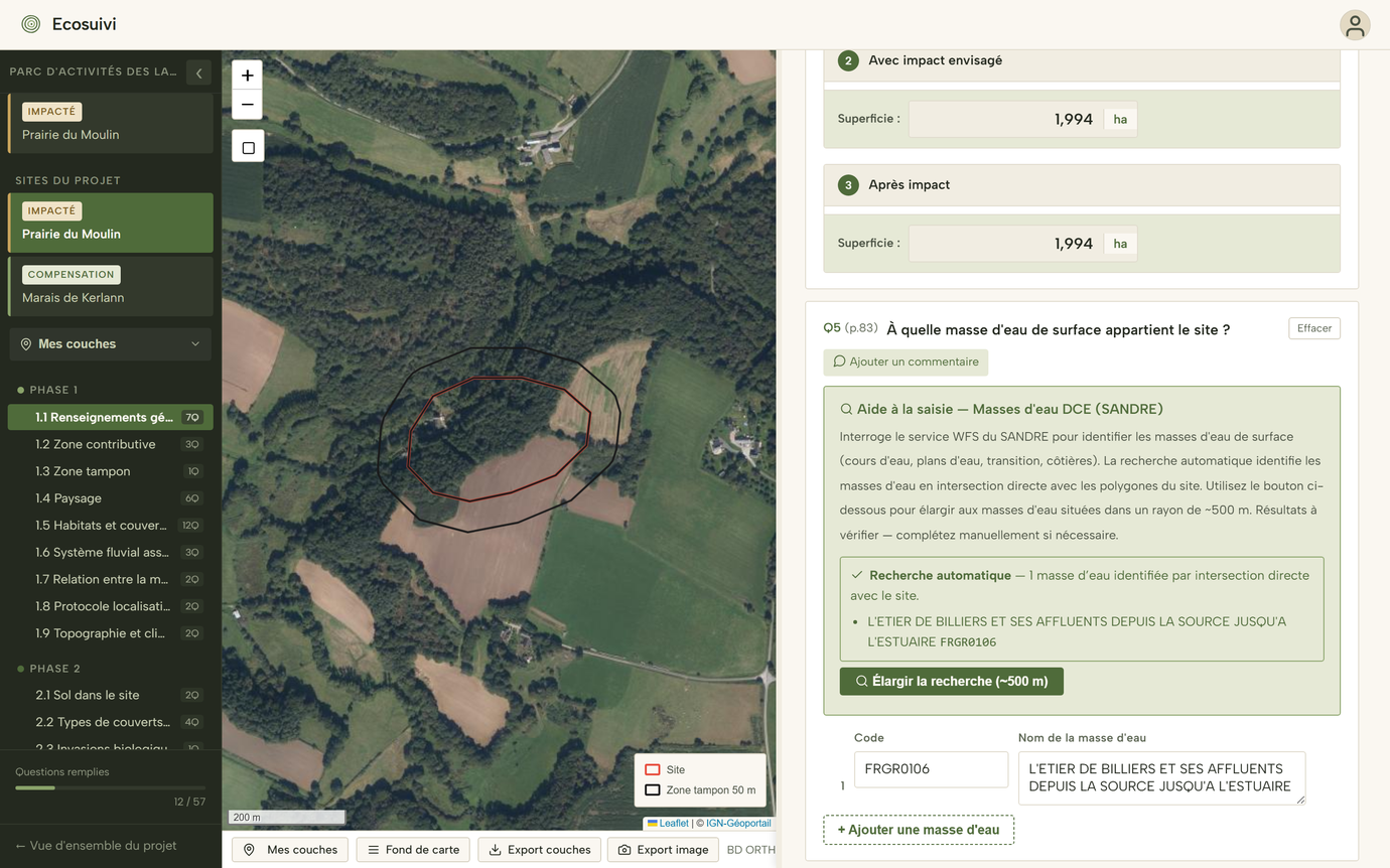 Écran du questionnaire MNEFZH dans EcoSuivi : carte du site impacté et de sa
                      zone tampon, superficies saisies manuellement et masse d'eau SANDRE
                      identifiée automatiquement